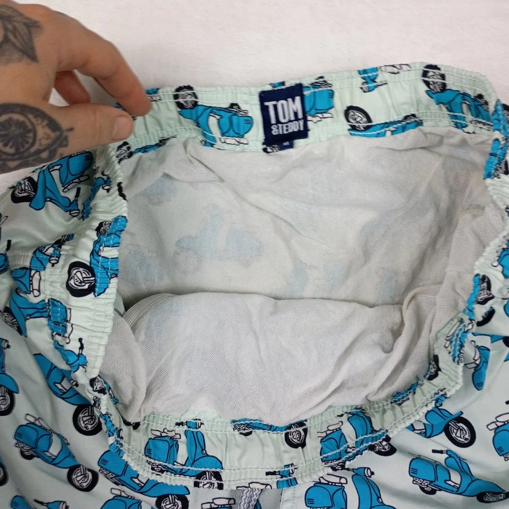 Tom & Teddy‎ Mens Blue Scooter Print Swim Trunks Mint  Medium M